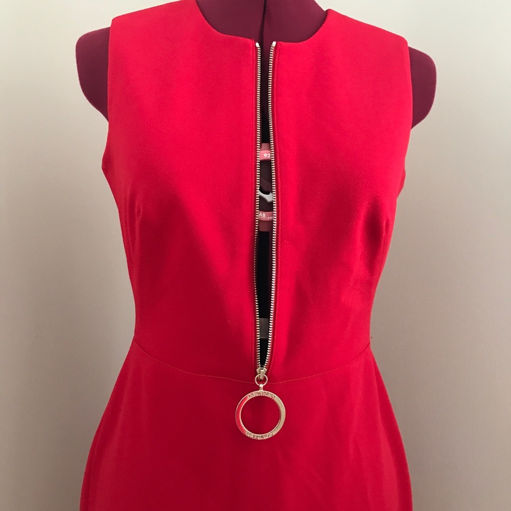 Calvin Klein red sleeveless sheath dress front zip